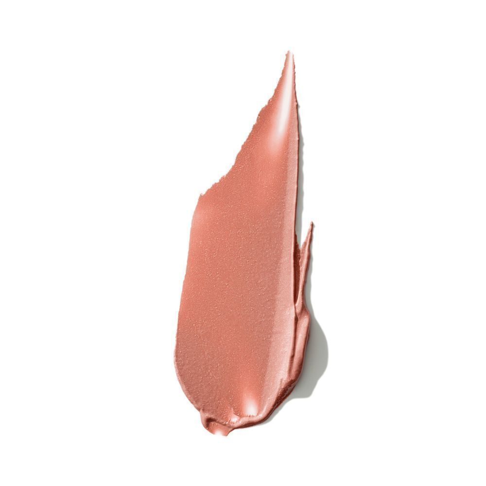 Lipstick swatch in een lichte nude tint met een glinsterende finish.