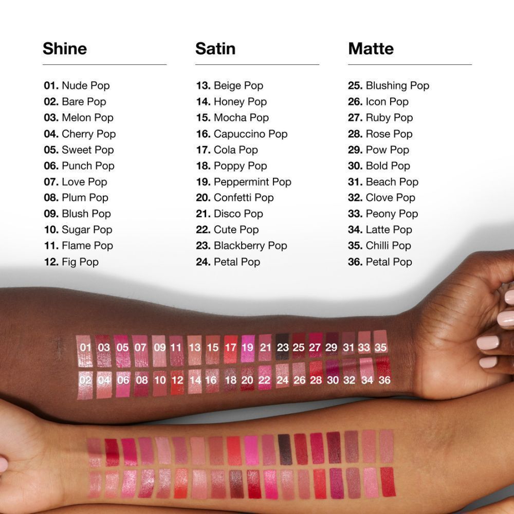 Kleurenoverzicht van Clinique Pop lipsticks met swatches op huid en lippen.