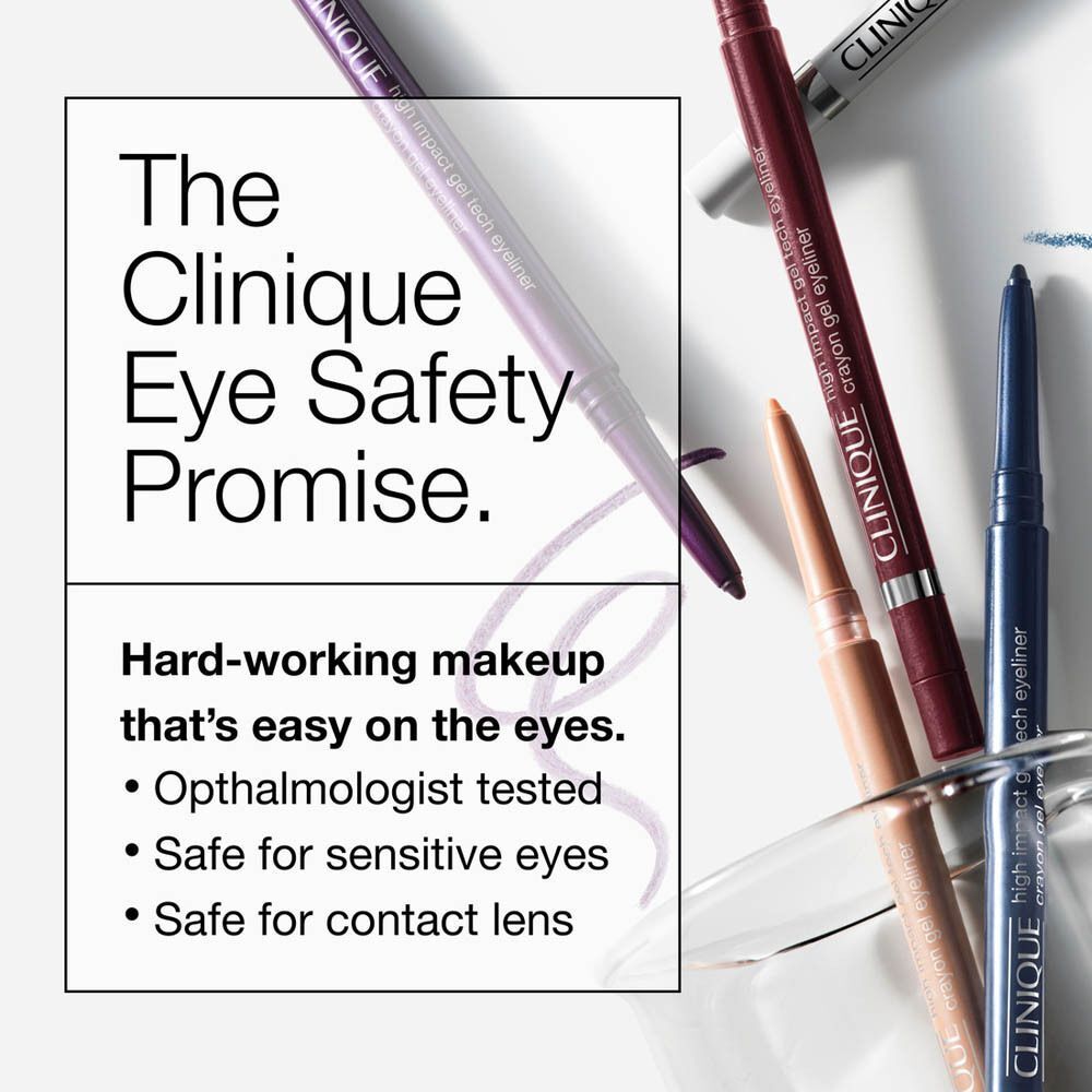 Différents eyeliners Clinique. Texte : Testé par des ophtalmologistes, sûr pour les yeux sensibles, sûr pour les lentilles de contact.