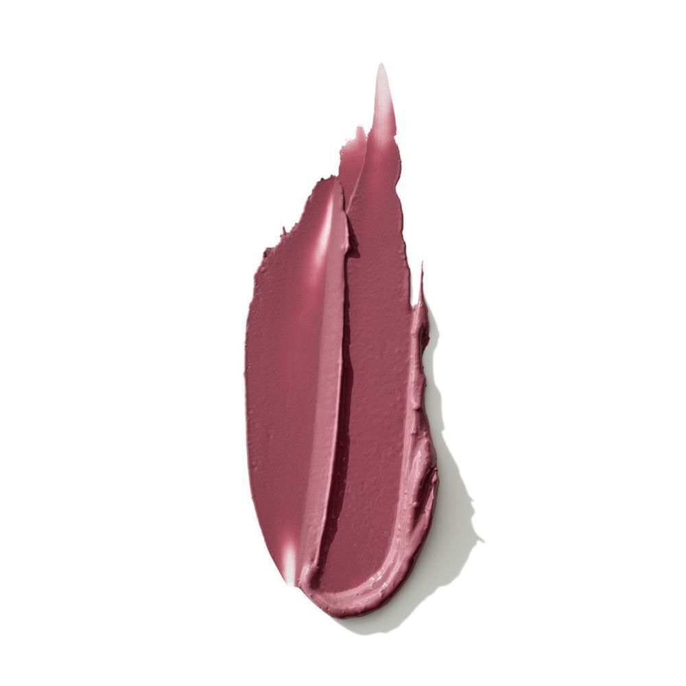 Een kleurstaal van de Clinique Pop lipstick Soft Plum Pop op een witte achtergrond.