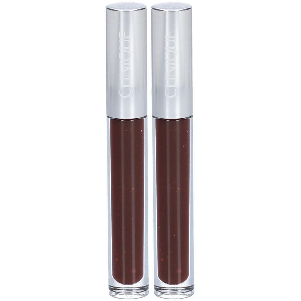 Twee lipgloss tubes. Transparante cilindrische containers met zilveren doppen. "Clinique" op de doppen. Bruine inhoud.