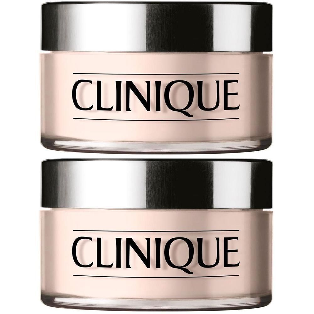 Deux pots de poudre translucide. Inscription CLINIQUE. Couvercles argentés.