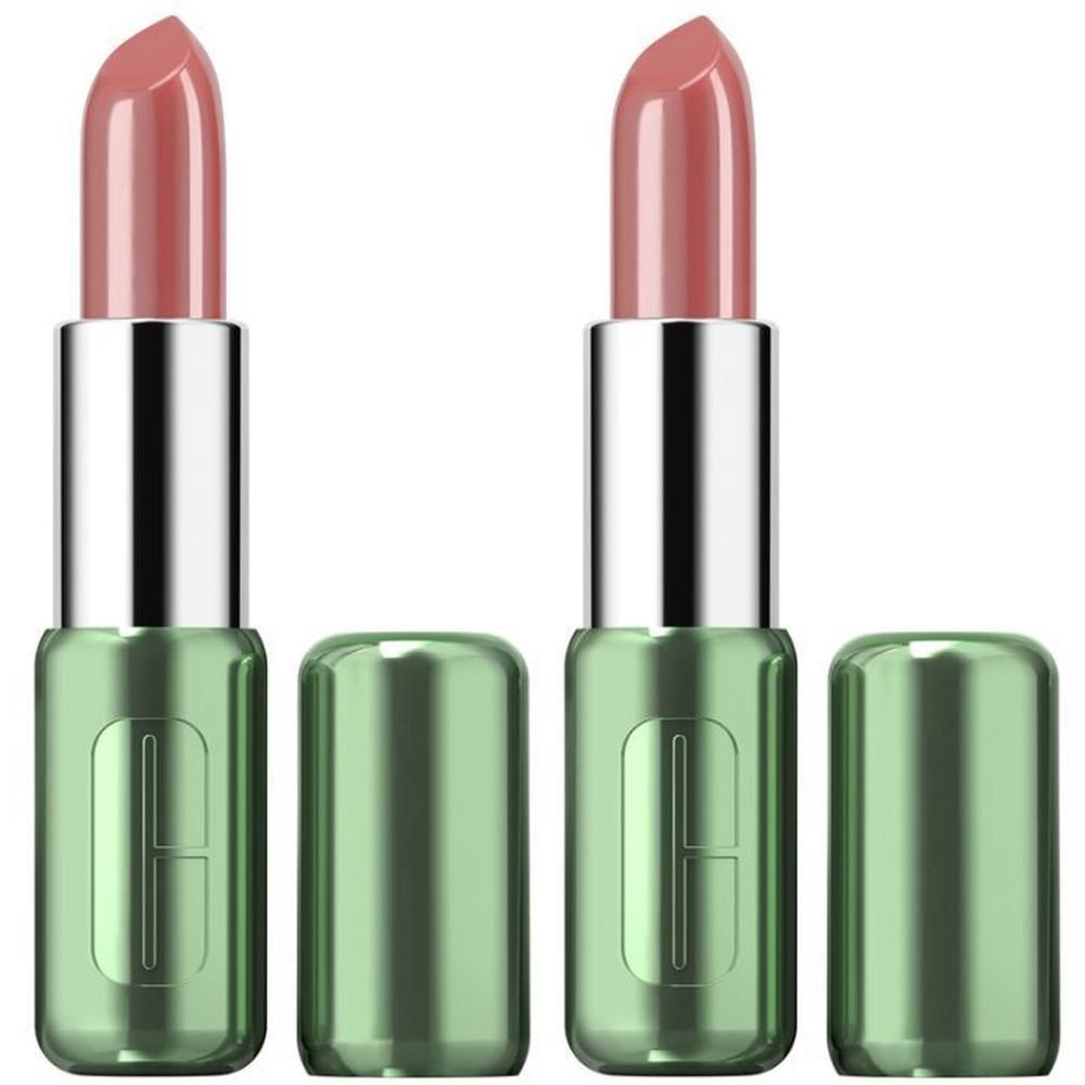 Twee Clinique Pop lipsticks in Soft Blush Pop met zilveren applicators en groene doppen.