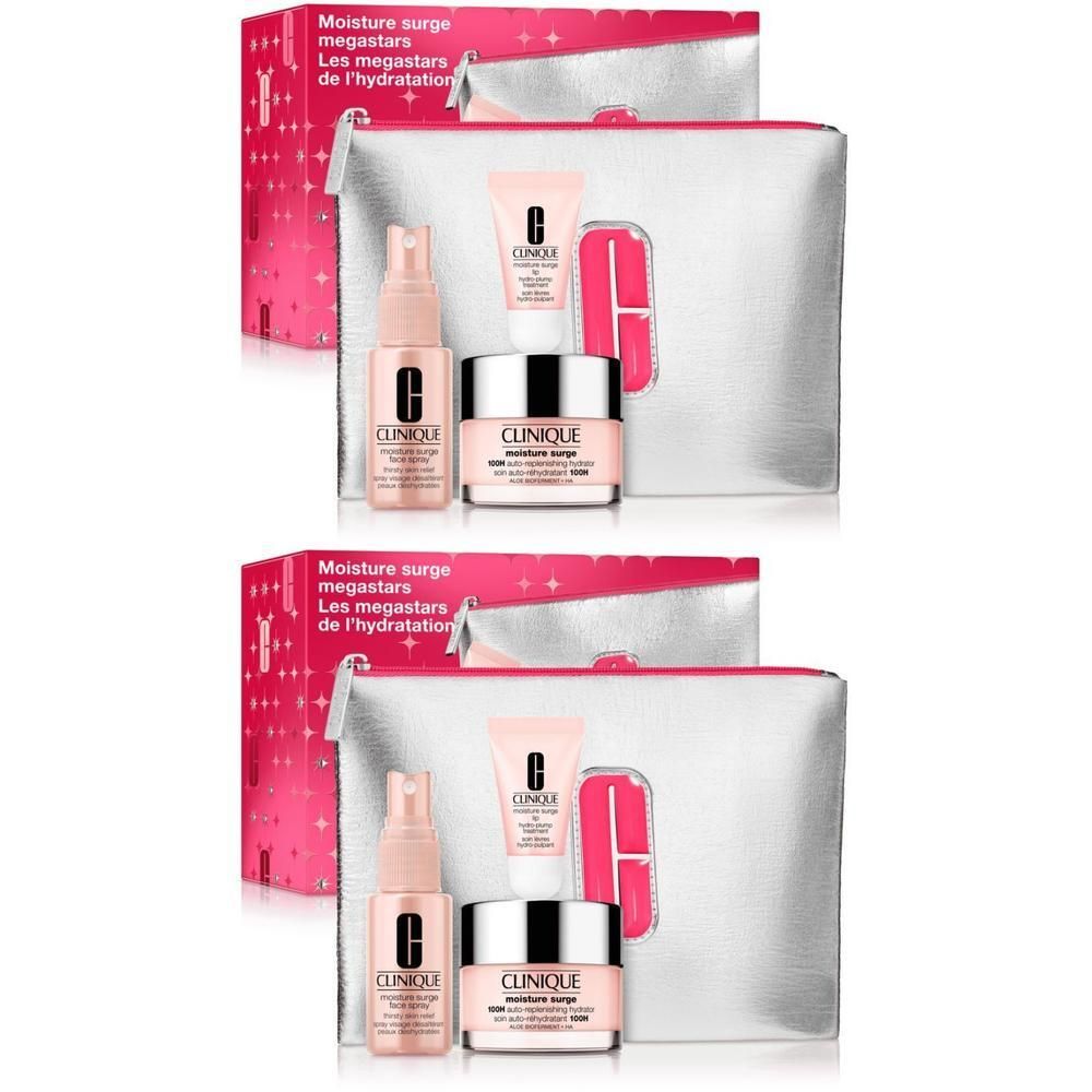 Twee geschenksets met cosmetica. Elke set bevat een zilveren toilettas, een crème, een spray en een tube.