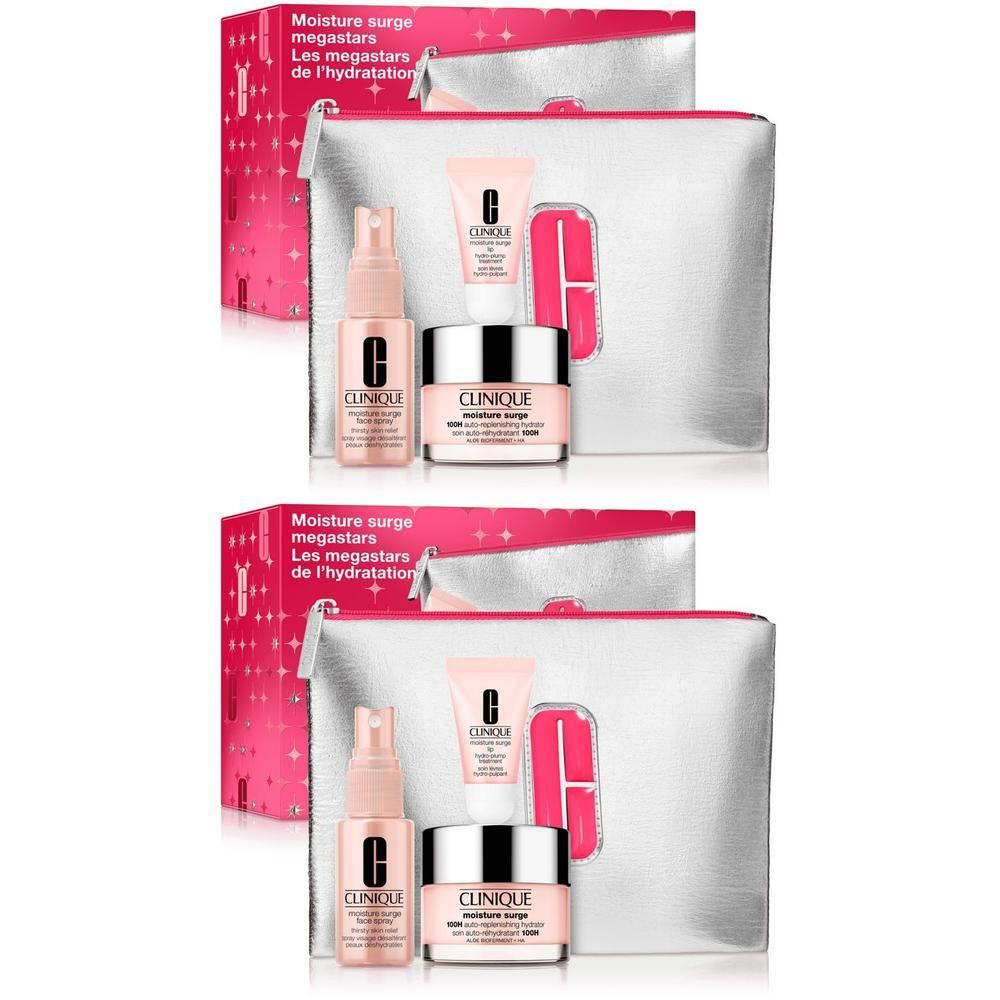 Clinique Moisture Surge Megastars Set: Twee zilverkleurige toilettassen met elk drie hydraterende producten.