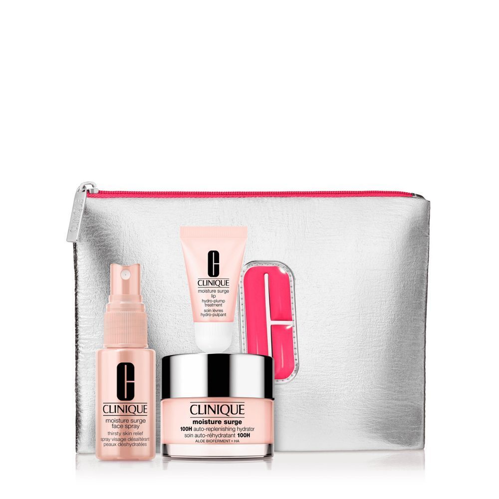 Clinique Moisture Surge Set: Zilverkleurige toilettas met hydraterende spray, crème en pot.