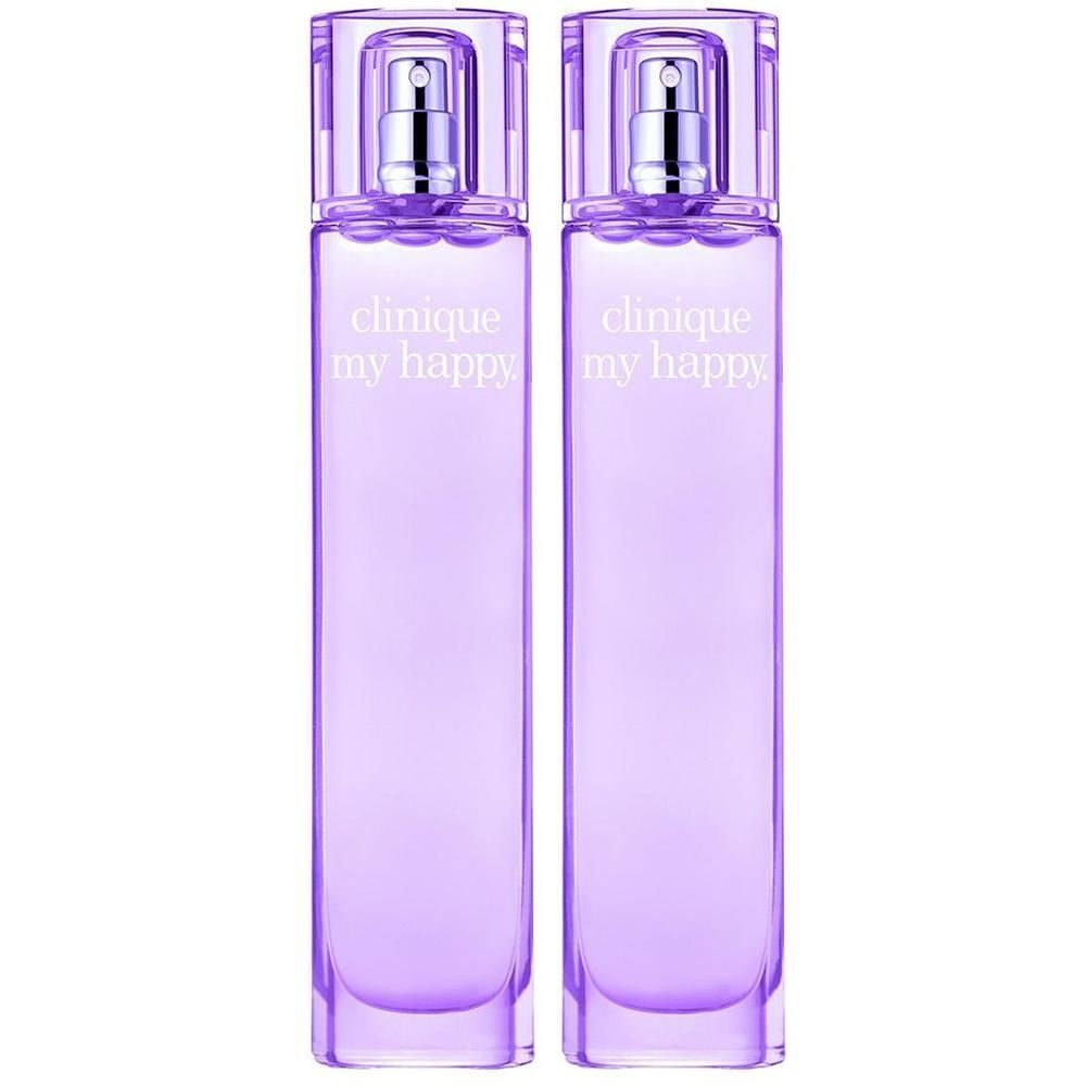 Deux flacons Clinique My Happy, liquide violet, bouchons transparents. Inscription: Clinique my happy.