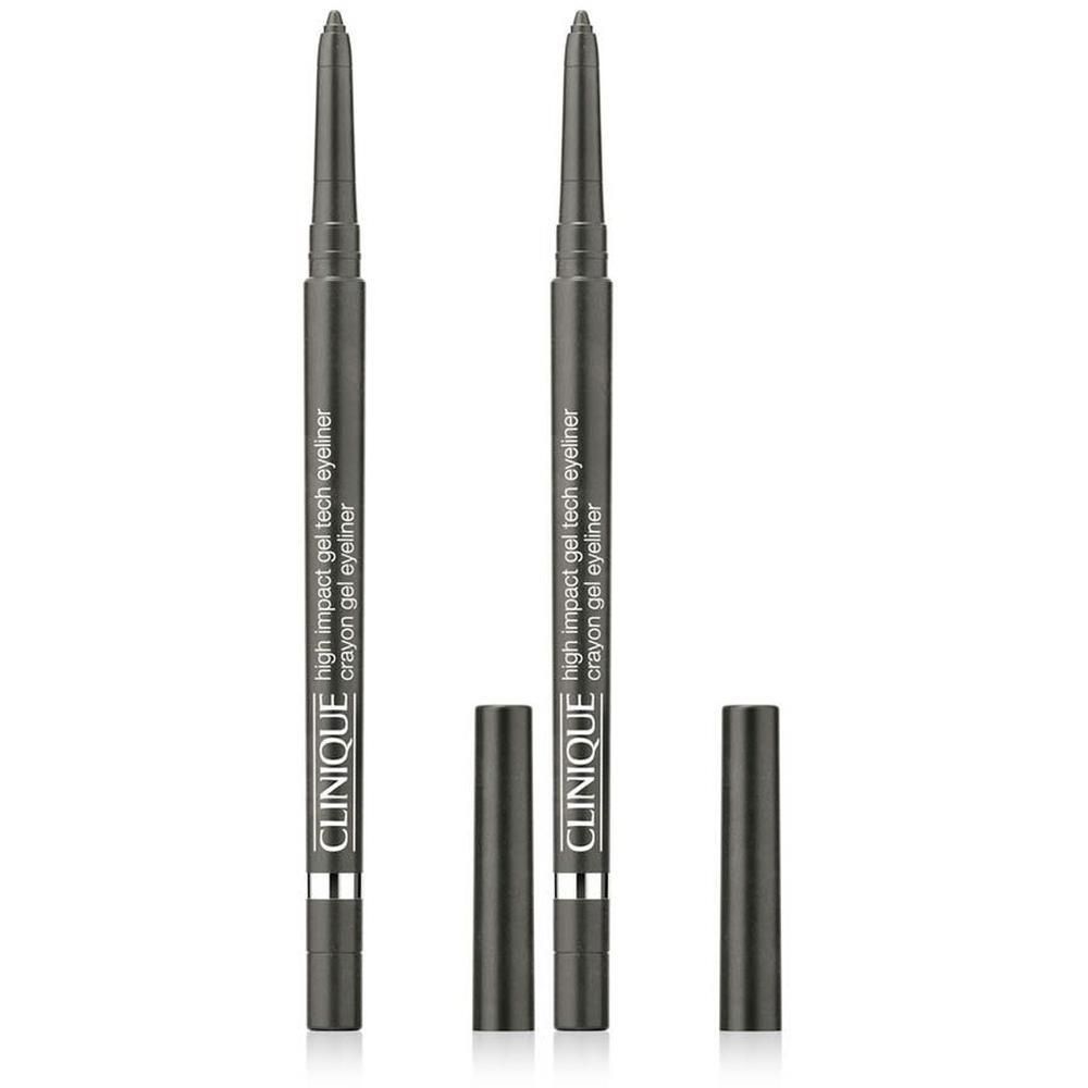 Twee zwarte Clinique High Impact Gel Tech eyeliners met doppen. Op de pennen staat "high impact gel tech eyeliner".