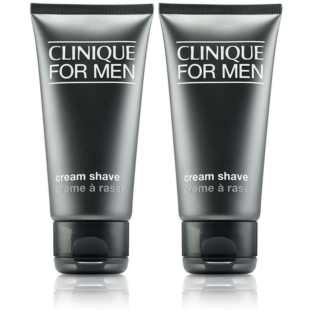 Deux tubes de crème à raser. Chaque tube porte l'inscription "CLINIQUE FOR MEN" et "cream shave creme à raser".