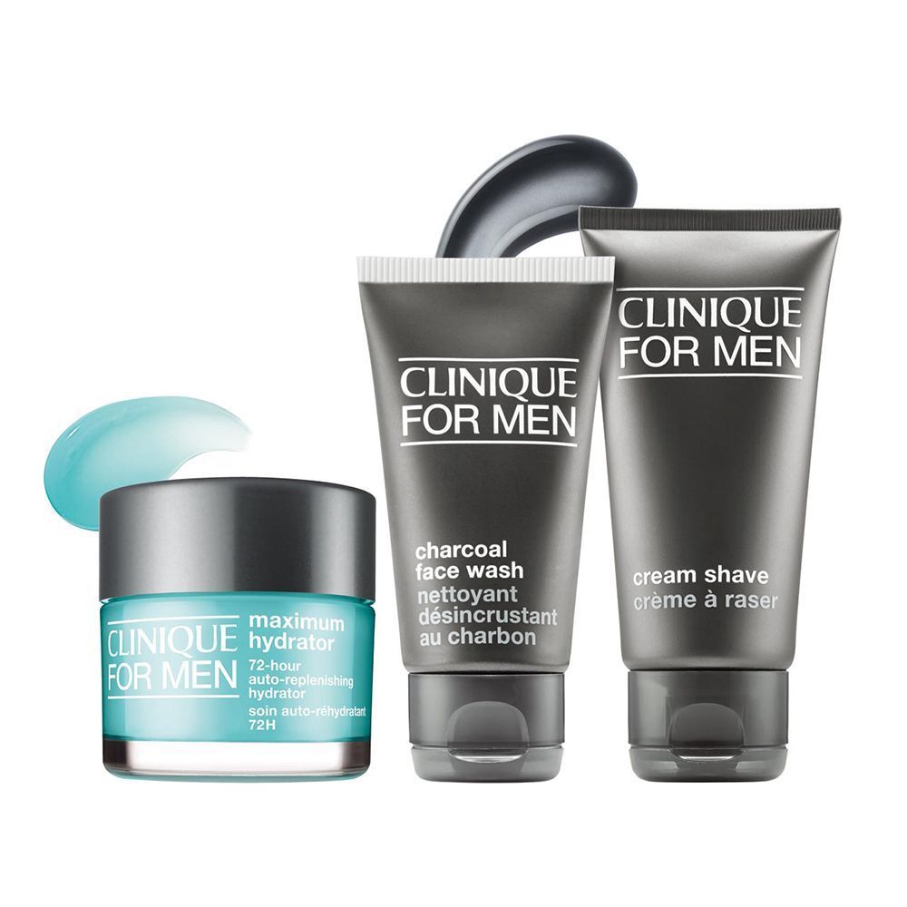 Crème à raser, nettoyant visage et hydratant Clinique For Men avec échantillons bleus et gris.