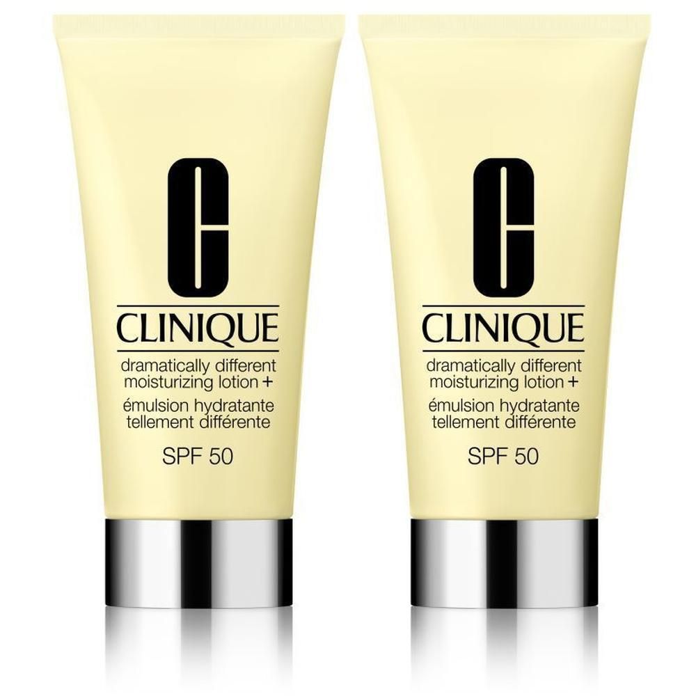 Deux tubes de lotion avec logo et texte noirs. Inscription: CLINIQUE, Dramatically Different, SPF 50. Tube jaune avec bouchon argenté.
