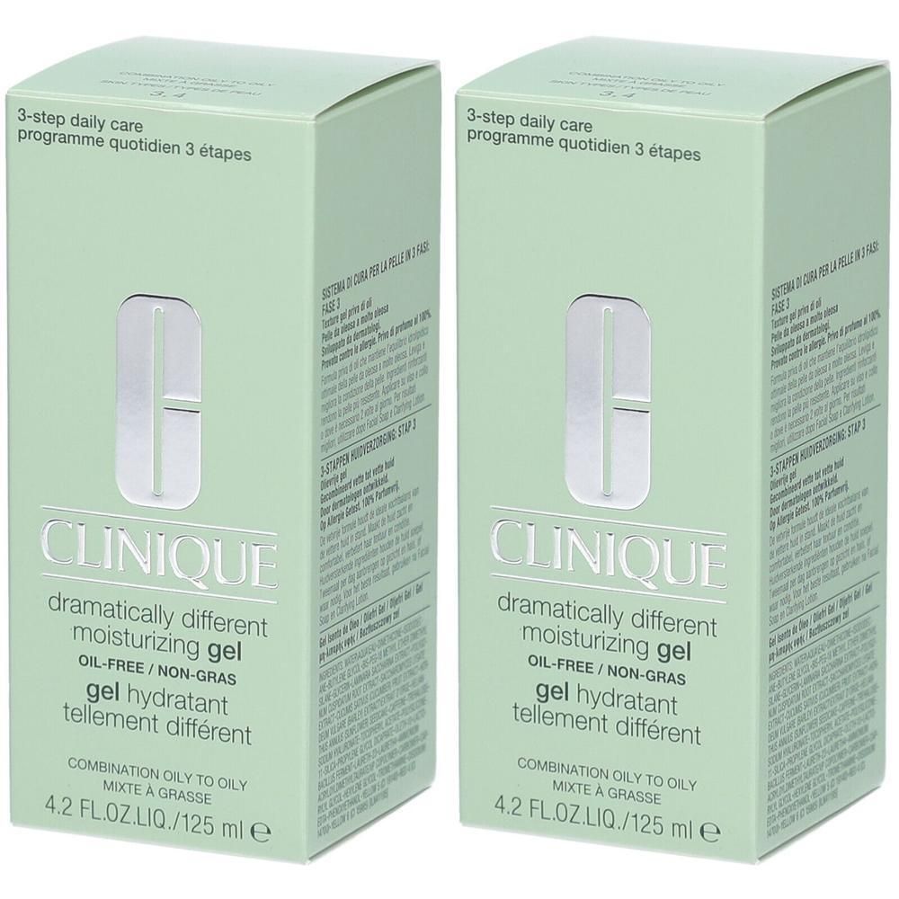 Deux boîtes vertes Clinique. Inscription: dramatically different moisturizing gel, 4.2 FL.OZ.LIQ./125 ml e. Texte en anglais et français.
