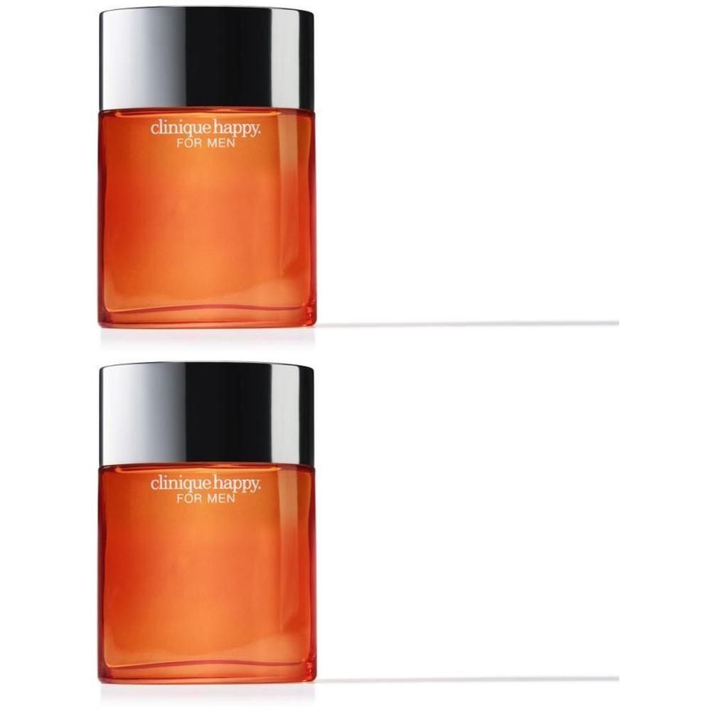 Twee flacons Clinique Happy For Men Eau de Toilette met zilveren dop en oranje vloeistof.
