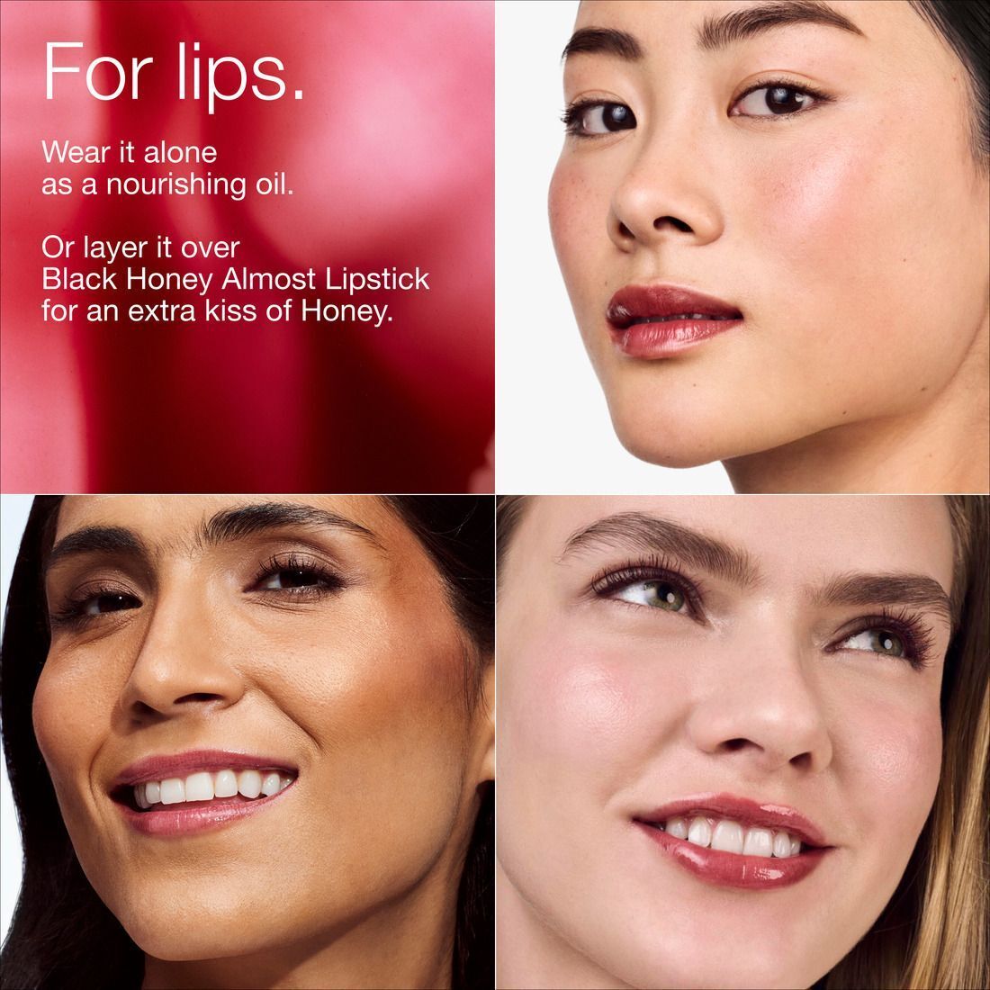 Collage: Vrouwen met getinte huid en lippen, die Clinique Pop™ Lip + Cheek Oil tonen.