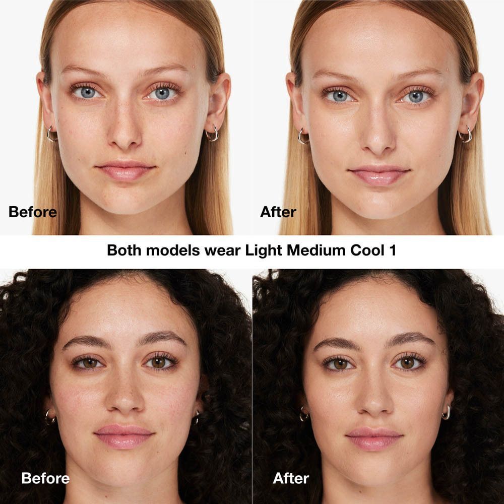 Voor-en-na vergelijking. Twee vrouwen met foundation. Opschrift: Light Medium Cool 1.