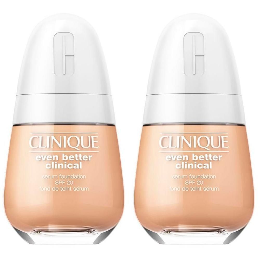 Deux flacons de Clinique Even Better Clinical Fond de Teint Sérum SPF20. Bouchon blanc, base transparente, contenu rosé. Texte: Clinique, SPF 20.