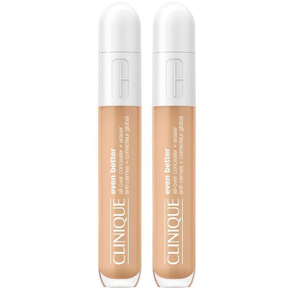 Deux tubes de correcteur. Bouchon blanc, contenant beige. Inscriptions : CLINIQUE, even better, all-over concealer + eraser, anti-cernes + correcteur global.
