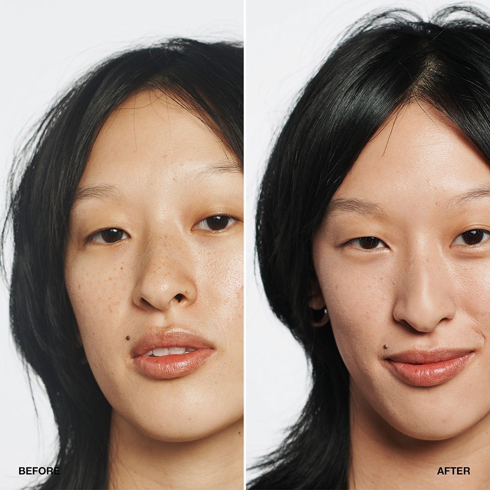 Comparaison avant-après d'une femme portant le fond de teint CLINIQUE Even Better SPF 15.