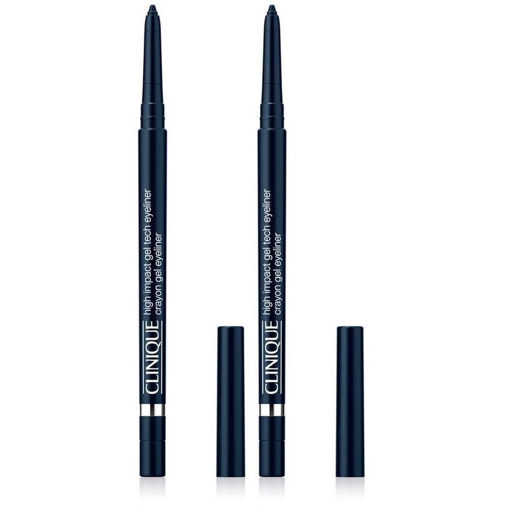 Twee blauwe Clinique High Impact Gel Tech eyeliners met doppen. Zwarte punt, zilveren tekst.