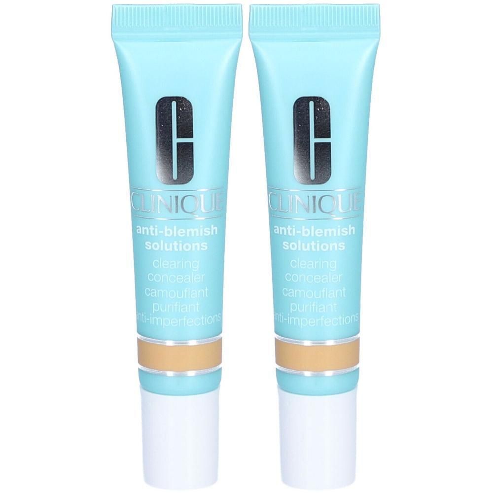 Deux tubes de Clinique Anti-Blemish Solutions Clearing Concealer. Tubes bleu clair avec texte et produit beige.