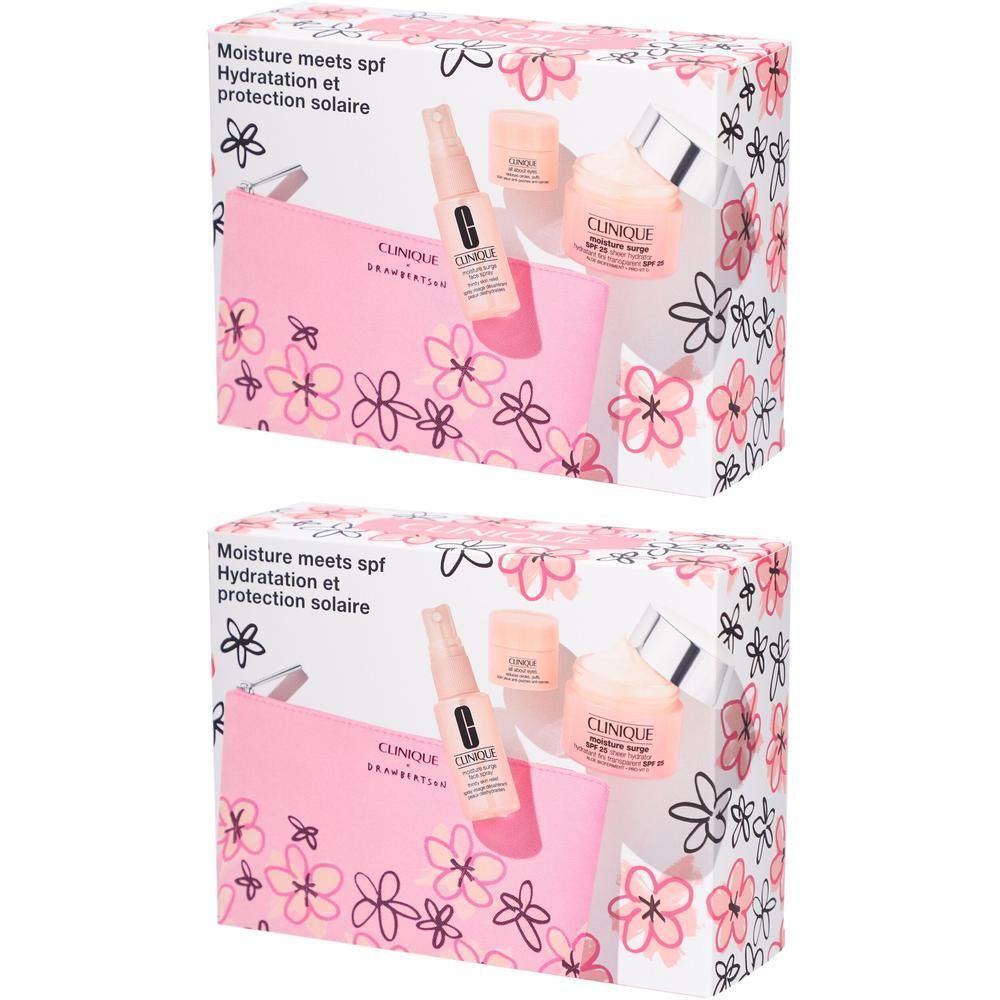 Twee productdozen. Opschrift: Moisture meets spf, Hydratation et protection solaire. Bevat: fles, pot, roze toilettas.