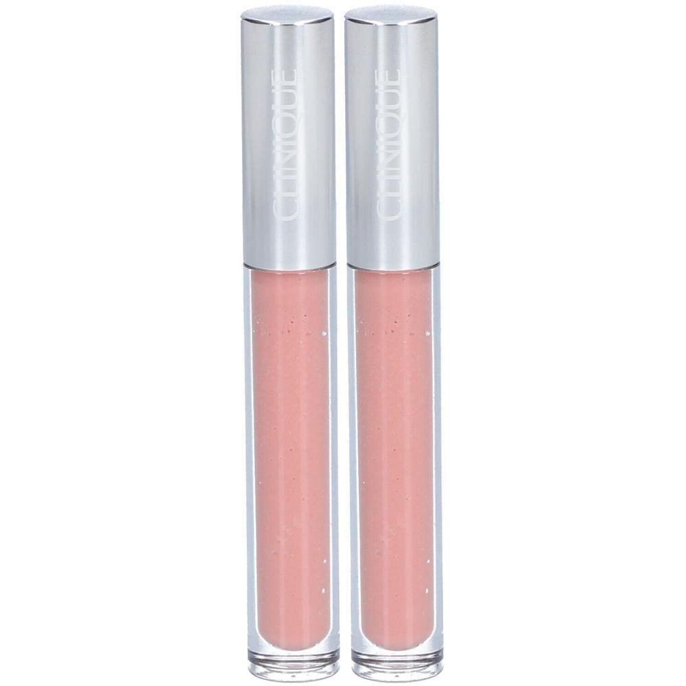 Twee lipgloss tubes. Transparante, cilindrische containers met roze inhoud. Zilverkleurige doppen met Clinique logo.