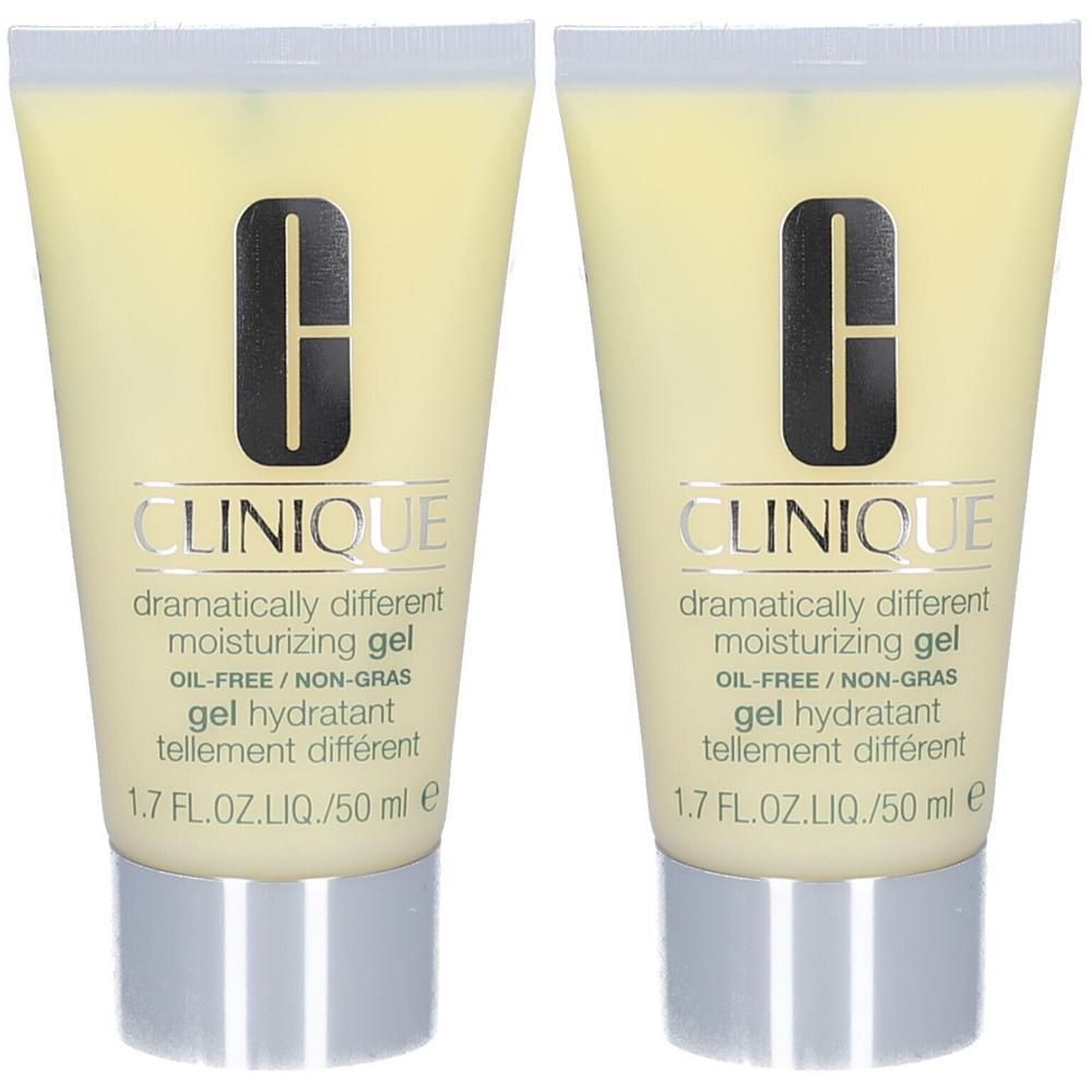 Deux tubes de gel hydratant Clinique Dramatiquement différent. Tubes avec bouchons argentés et couvercles blancs.