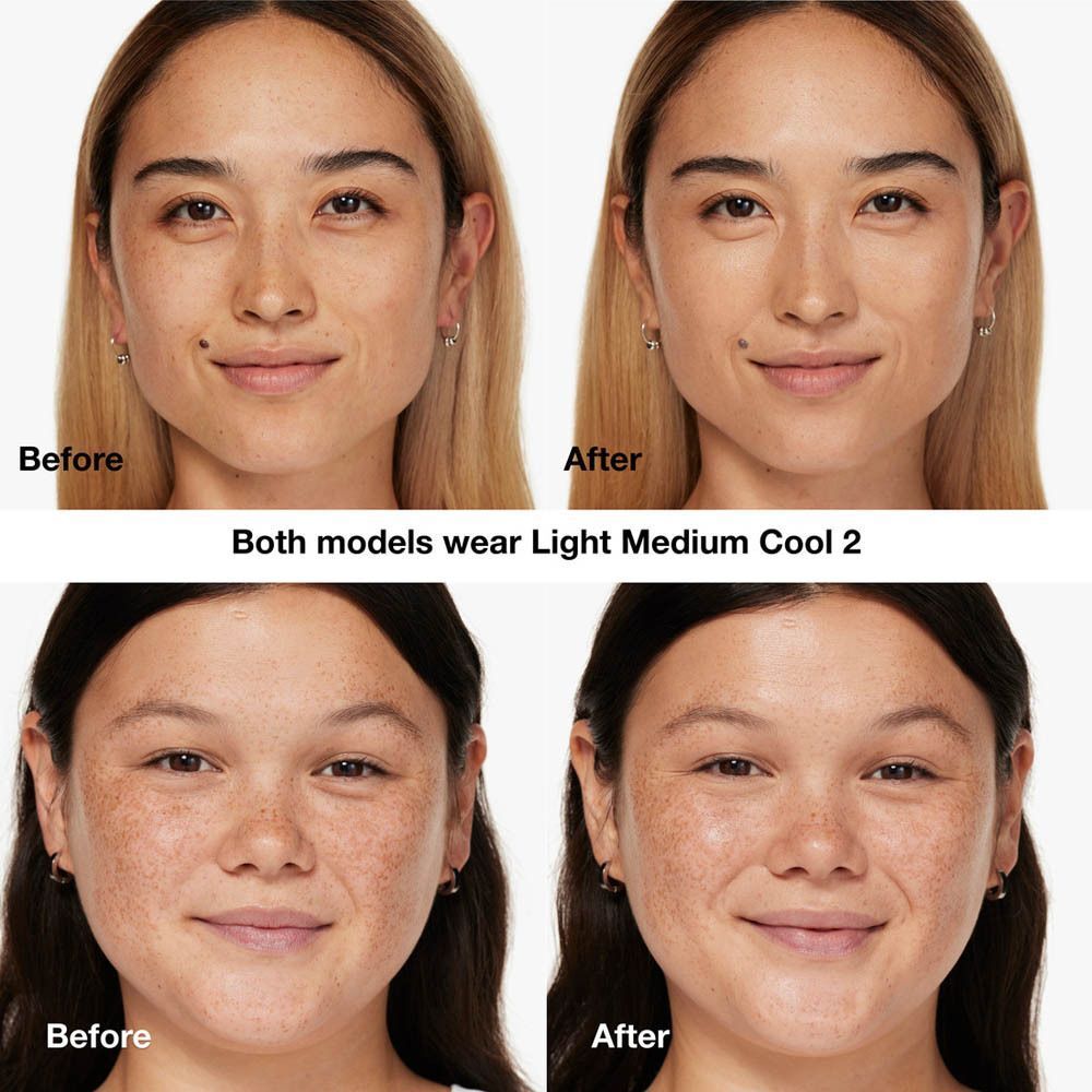 Comparaison avant-après. Deux femmes avec Clinique Even Better Clinical™ Vitamin Makeup SPF 50. Les deux portent Light Medium Cool 2.