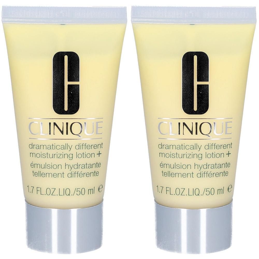 Deux tubes de lotion. Couleur jaune, bouchon argenté. Inscription: CLINIQUE, Dramatically Different Moisturizing Lotion +.