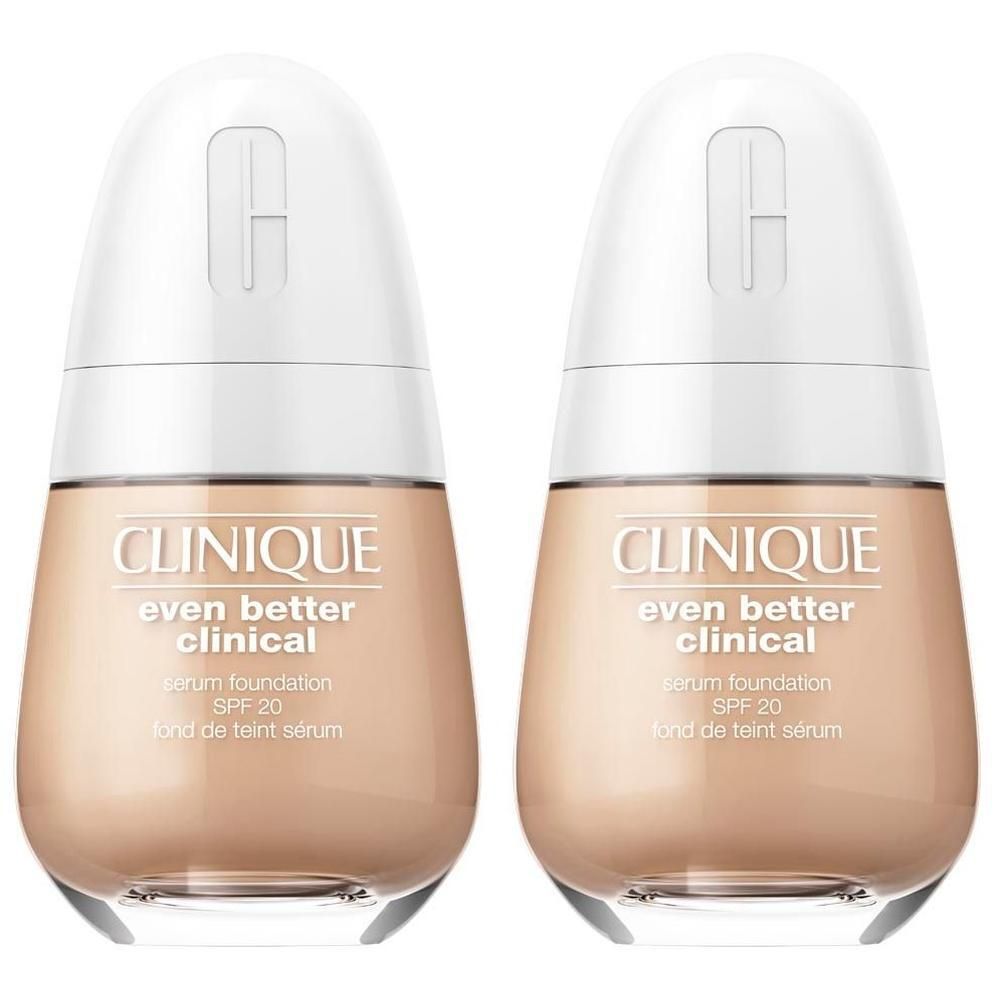 Deux flacons Clinique Even Better Clinical Fond de Teint Sérum SPF20. Bouchon blanc, base transparente, contenu beige, texte.