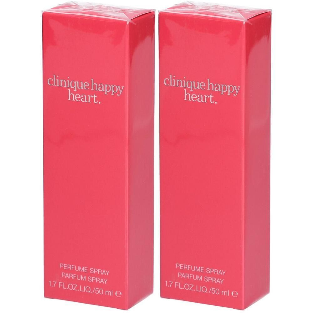 Deux boîtes rouges rectangulaires. Inscription: clinique happy heart. Parfum Spray.