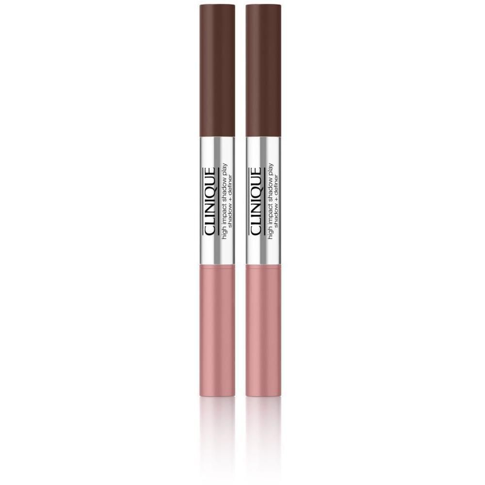 Twee stiften. Eén heeft een bruine dop, de andere een roze dop. Op de stiften staat "CLINIQUE High Impact Shadow Play".