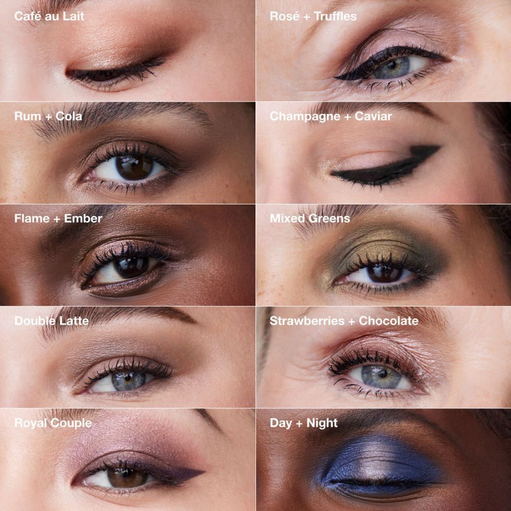 Gros plans sur des yeux avec différentes couleurs d'ombres à paupières. Les couleurs sont : Café au Lait, Rosé + Truffes, Rhum + Cola, Champagne + Caviar, Flame + Ember, Mixed Greens, Double Latte, Fraises + Chocolat, Royal Couple, Day + Night.