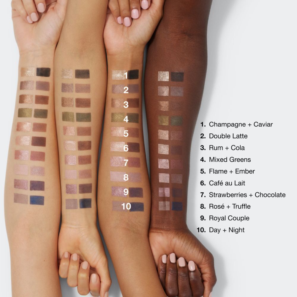Bras avec différentes couleurs d'ombres à paupières. Les couleurs sont : Champagne + Caviar, Double Latte, Rhum + Cola, Mixed Greens, Flame + Ember, Café au Lait, Fraises + Chocolat, Rosé + Truffes, Royal Couple, Day + Night.