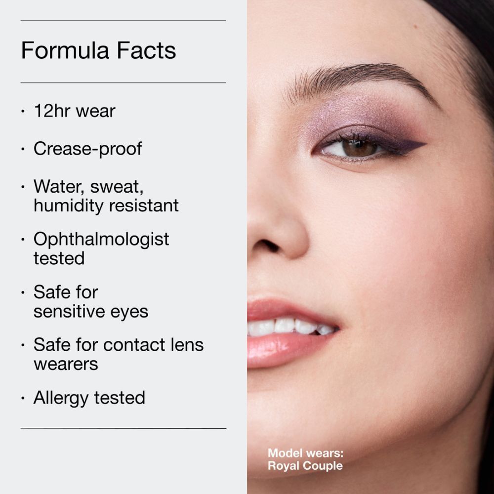 Visage d'une femme avec de l'ombre à paupières. Texte : 12 heures de tenue, infroissable, résistant à l'eau, à la sueur et à l'humidité, testé par des ophtalmologistes, sûr pour les yeux sensibles, sûr pour les porteurs de lentilles, testé contre les allergies.