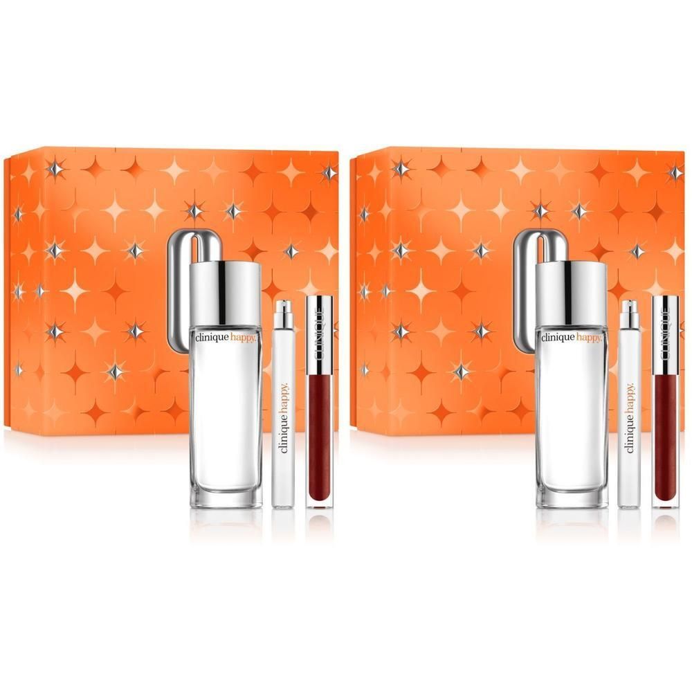 Coffret cadeau Clinique Happy. Boîte orange à motifs étoiles. Contient flacon, roll-on et rouge à lèvres.