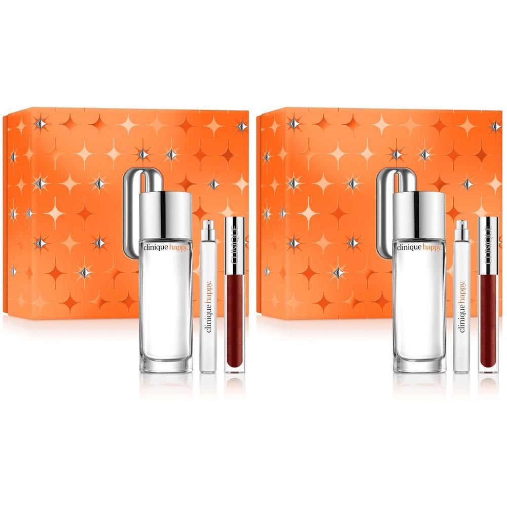Coffret de parfum Clinique Happy avec flacon 100ml, vaporisateur et rouge à lèvres.