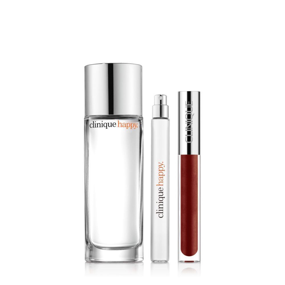 Clinique Happy set. Fles, roll-on en lipstick. Allemaal transparant, zilveren doppen.