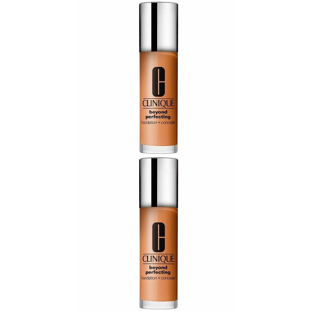Twee flacons CLINIQUE Beyond Perfecting Foundation + Concealer in de kleur 23 Ginger.