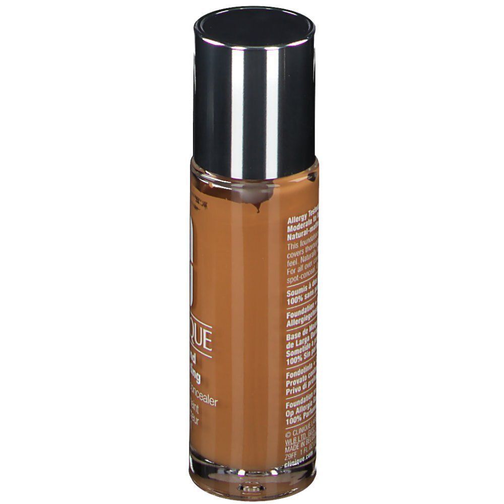 Achterkant van een flacon CLINIQUE Beyond Perfecting Foundation + Concealer, 23 Ginger. Allergie getest.