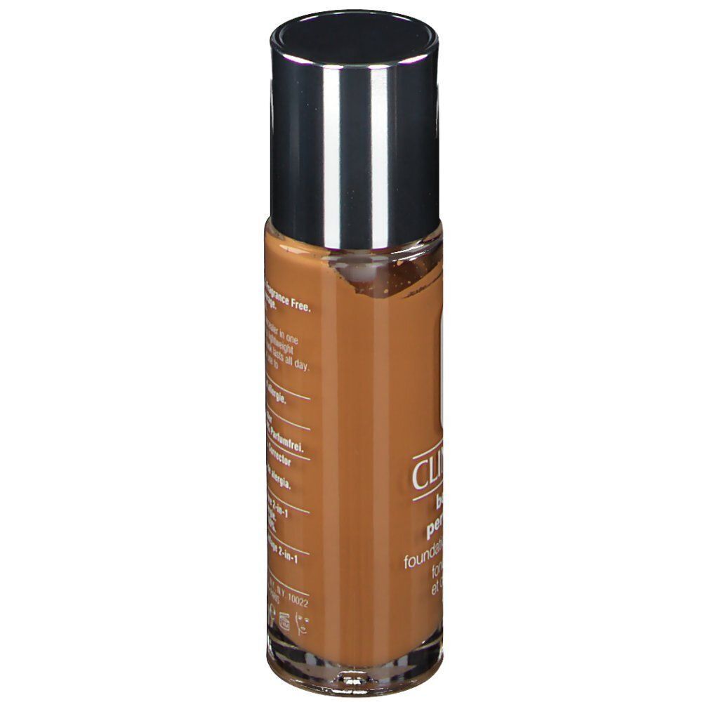 Zijkant van een flacon CLINIQUE Beyond Perfecting Foundation + Concealer, 23 Ginger. Medium tot volledige dekking.