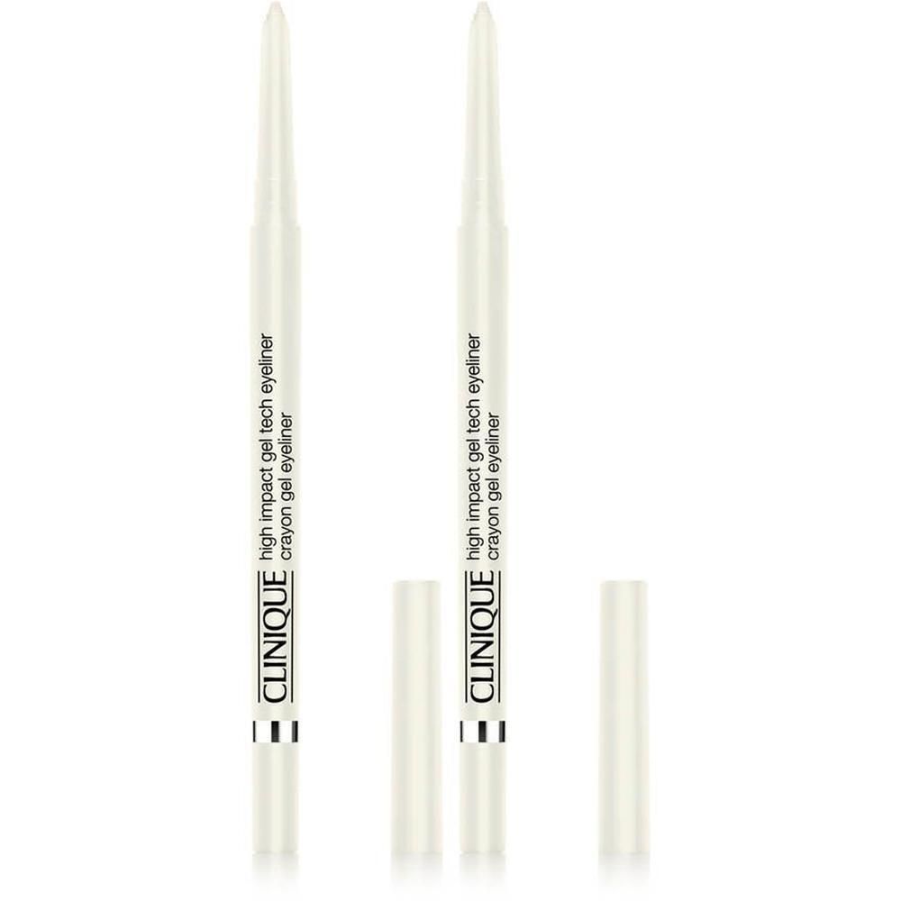 Deux crayons eyeliner Clinique High Impact Gel Tech blancs avec capuchons ouverts. Le crayon a un corps blanc et une écriture noire.
