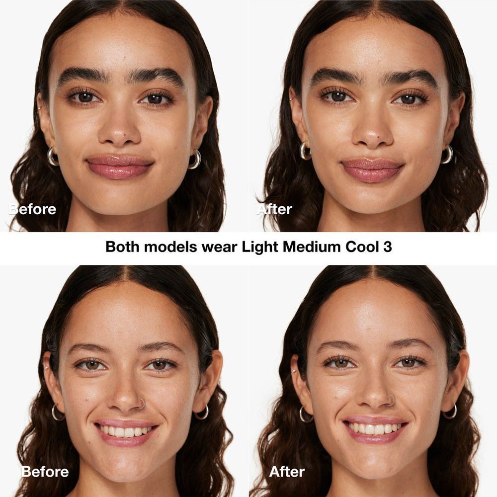 Voor-en-na vergelijking. Twee vrouwen met Clinique Even Better Vitamin Makeup, tint Light Medium Cool 3. Duidelijke verschillen.