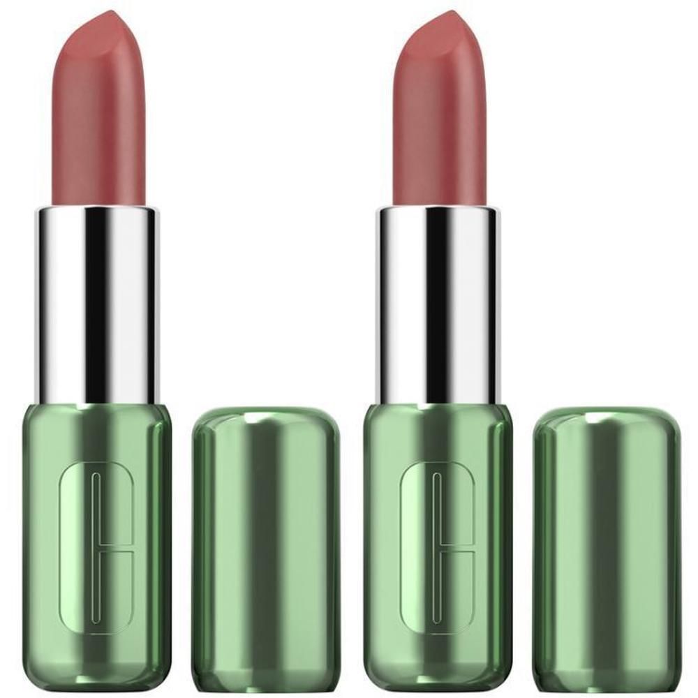 Twee lippenstiften met open groene hulzen. De lippenstiften zijn roze-bruin, met zilverkleurige metalen hulzen.