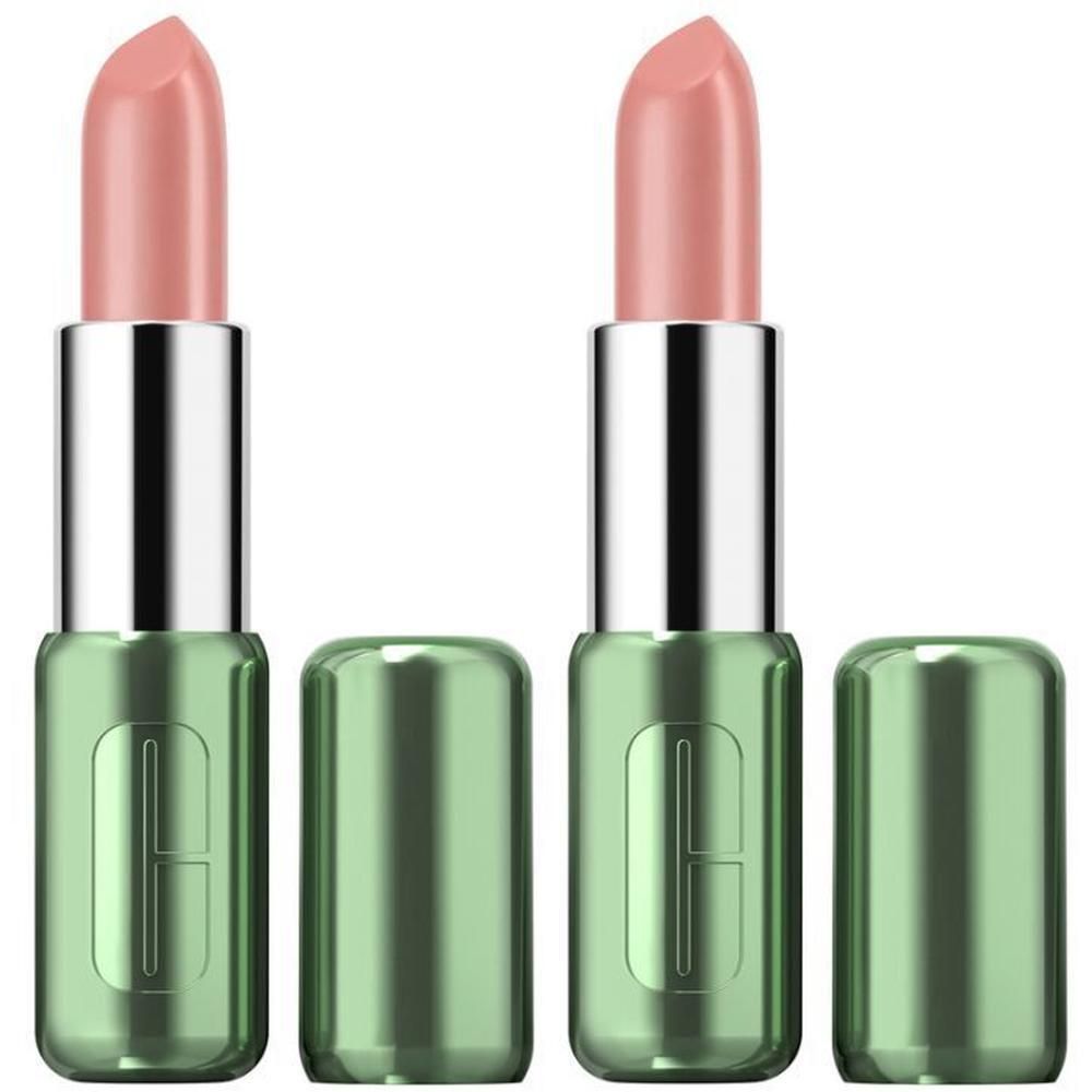 Twee Clinique Pop lipsticks in Satin Beige Pop met zilveren doppen en groene hulzen.