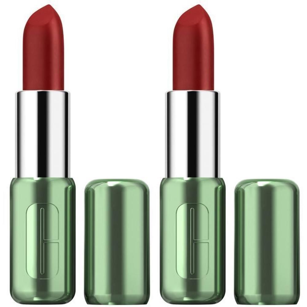 Twee Clinique PopTM Longwear lippenstiften in rood, met zilveren doppen en groene hulzen.