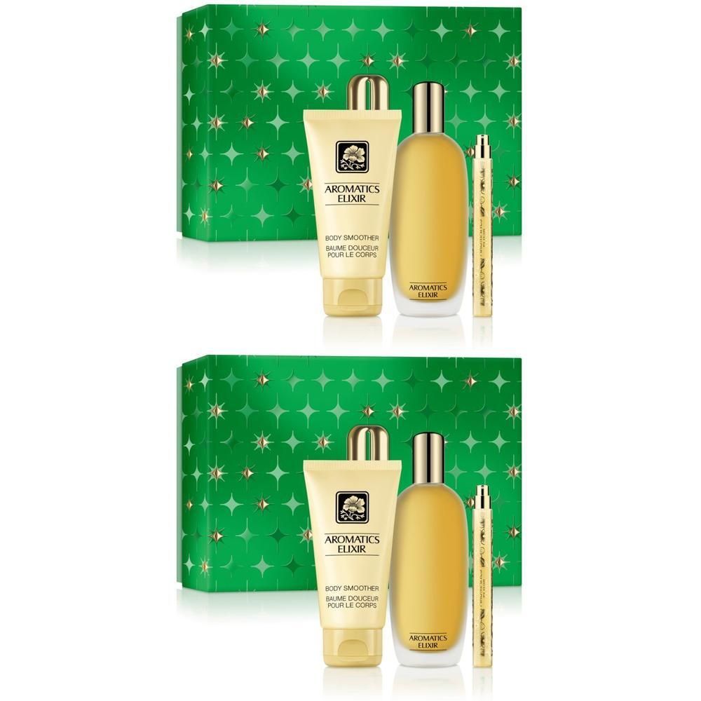 Coffret cadeau Clinique Aromatics Elixir. Crème, flacon de parfum et vaporisateur. Boîte verte à étoiles dorées.