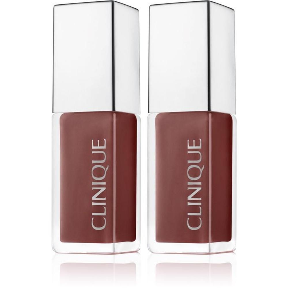Twee Clinique Pop™ Lip + Cheek Oil flesjes in een bruine tint.