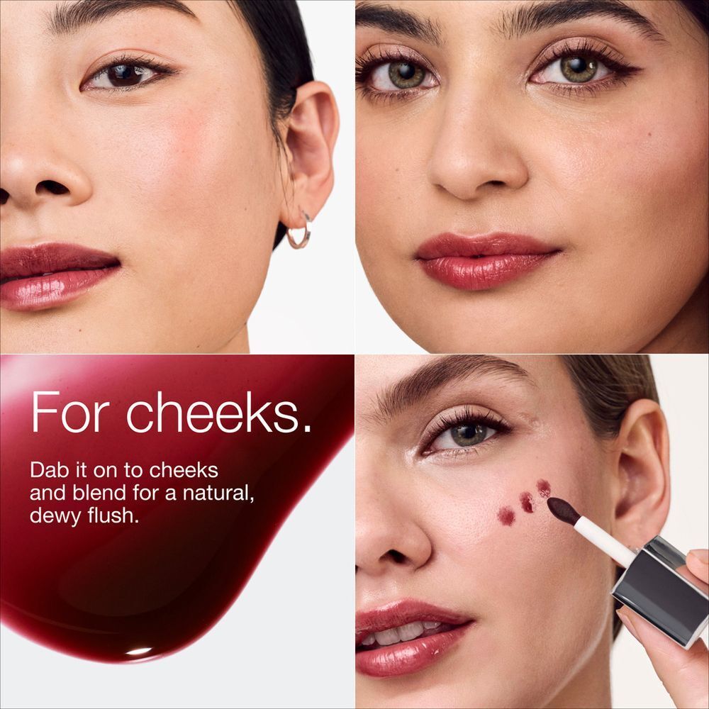 Vier vrouwen die Clinique Pop™ Lip + Cheek Oil op hun wangen aanbrengen en vervagen.
