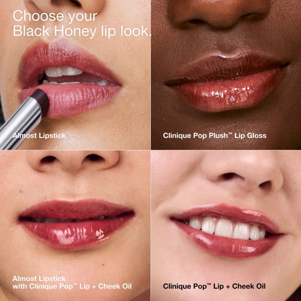 Vier lip-looks. Producten: Almost Lipstick, Clinique Pop™ Lip + Cheek Oil en Clinique Pop Plush™ Lip Gloss.
